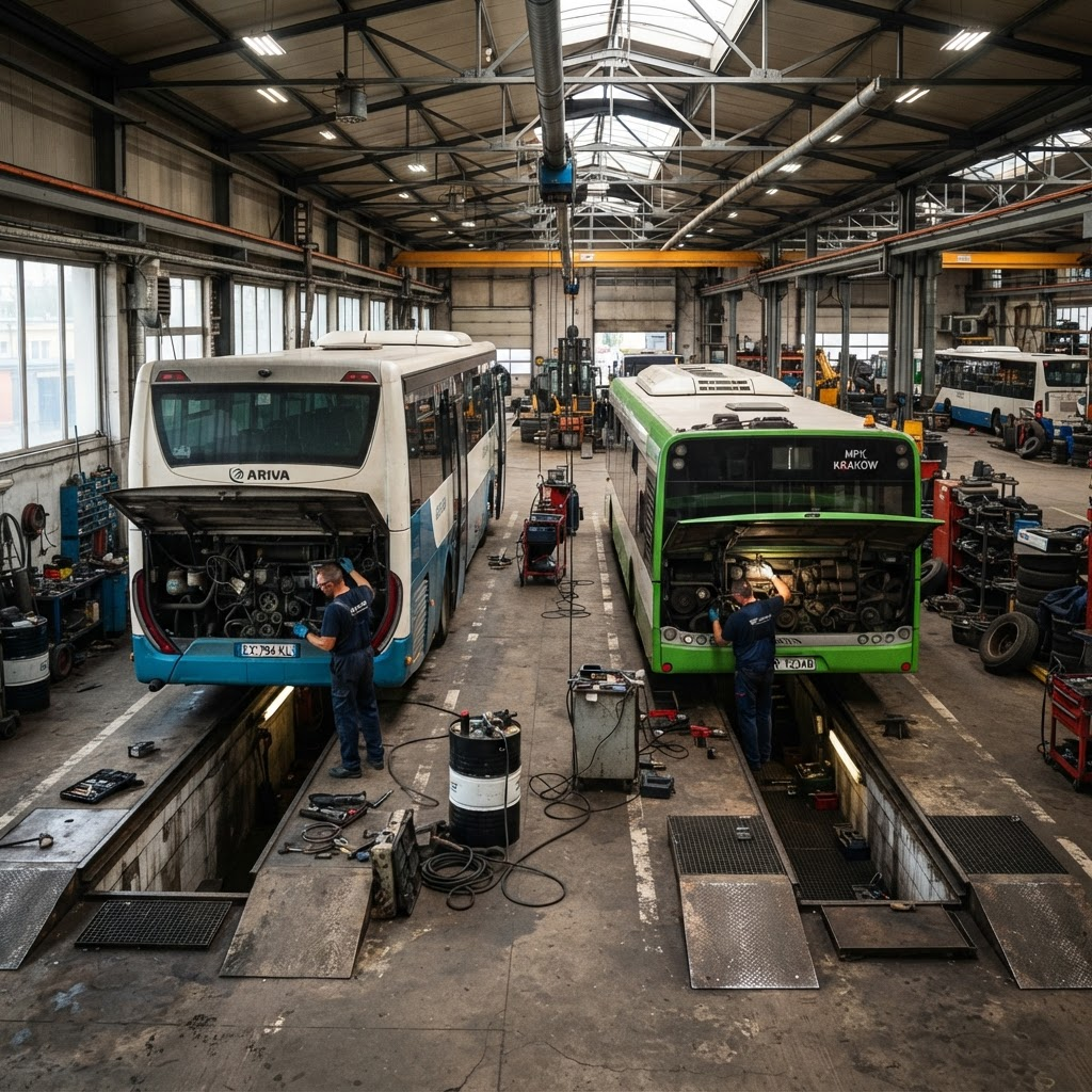 Autobusy Irisbus Crossway i Solaris Urbino w serwisie diesel podczas diagnostyki układu wtryskowego