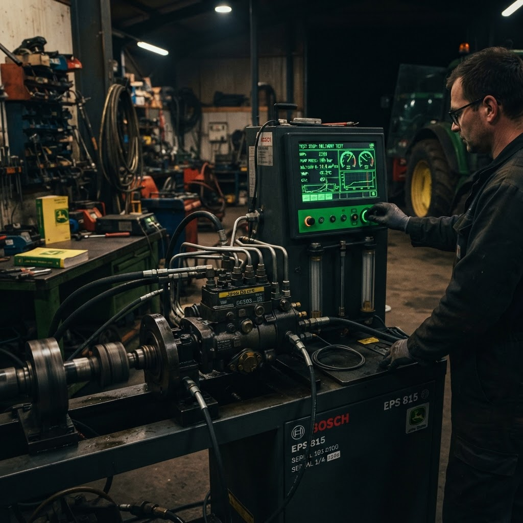 Stół probierczy Bosch EPS 815 podczas kalibracji pompy wtryskowej do traktora John Deere