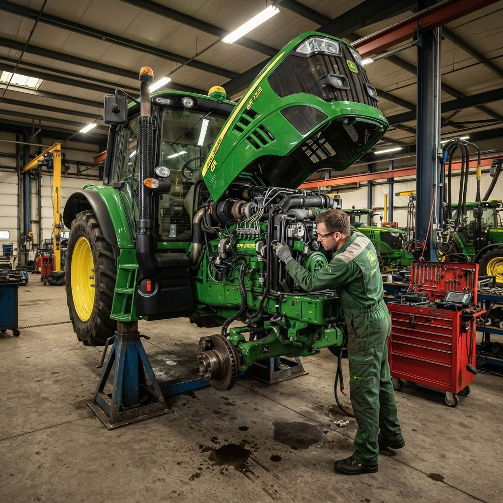 Traktor John Deere 6R podczas serwisu układu wtryskowego w serwisie diesel