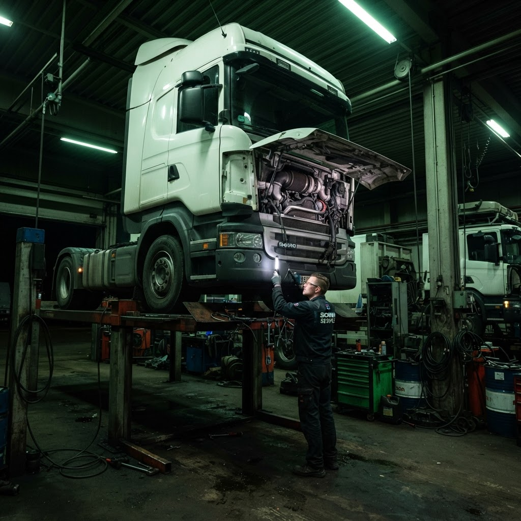 Scania R-series v provozu se vznětovým motorem při opravě vstřikovacího systému