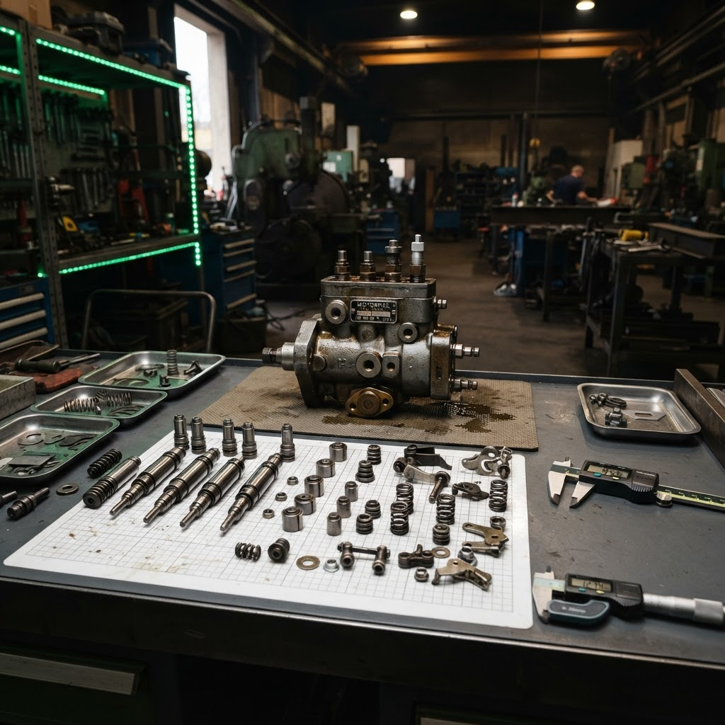 Rozebrany mechanizm pompy Motorpal PV8A – tłoczki, cylinder, zawory tłoczące i regulator obroty na stole serwisowym