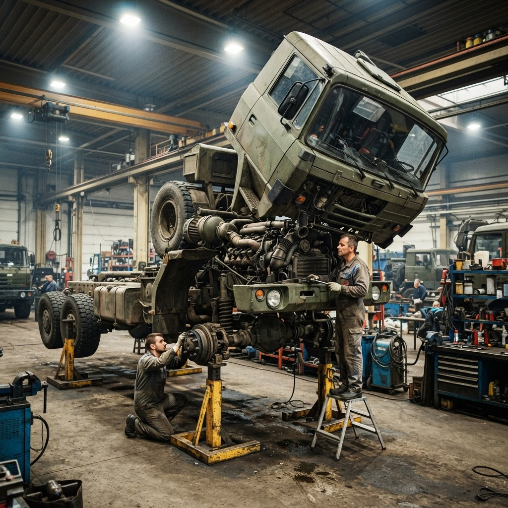 Ciężarówka Tatra 815 Force 6x6 w profesjonalnym serwisie diesel podczas przeglądu silnika V8 T3D