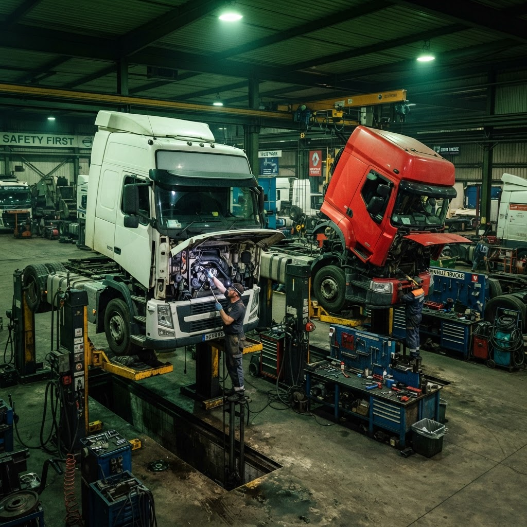Ciężarówka Volvo FH i Renault Premium w serwisie diesel podczas diagnostyki układu wtryskowego